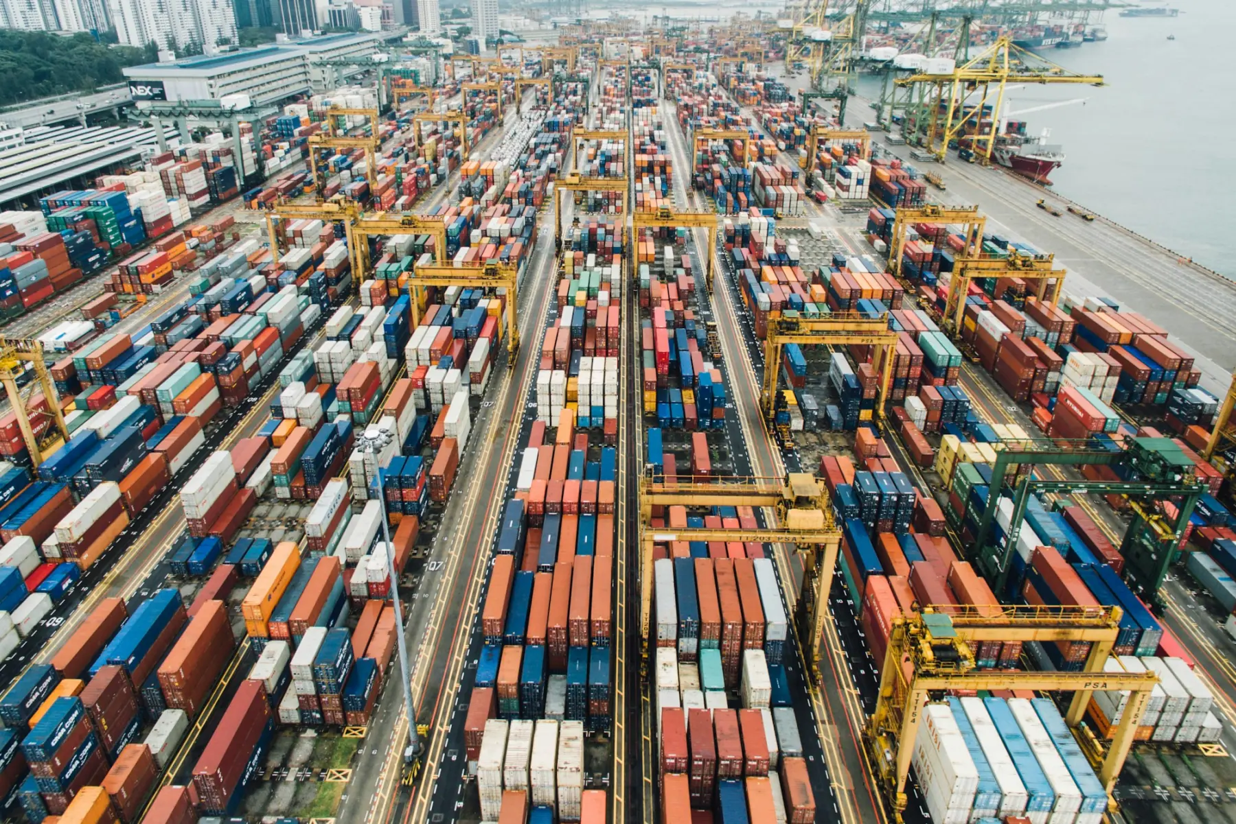 Aerial view of a container terminal and gantry cranes